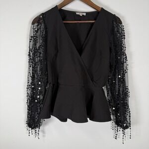 Peach Sequin Black Long Sleeve V-Neck Shirt‎ Elastic Waist Women's Size Small